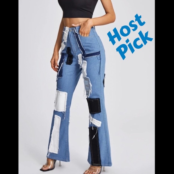 Denim - NEW High-Waisted Flare Leg Denim Jeans with Patches - Size M (6) & Size L (8/10)
